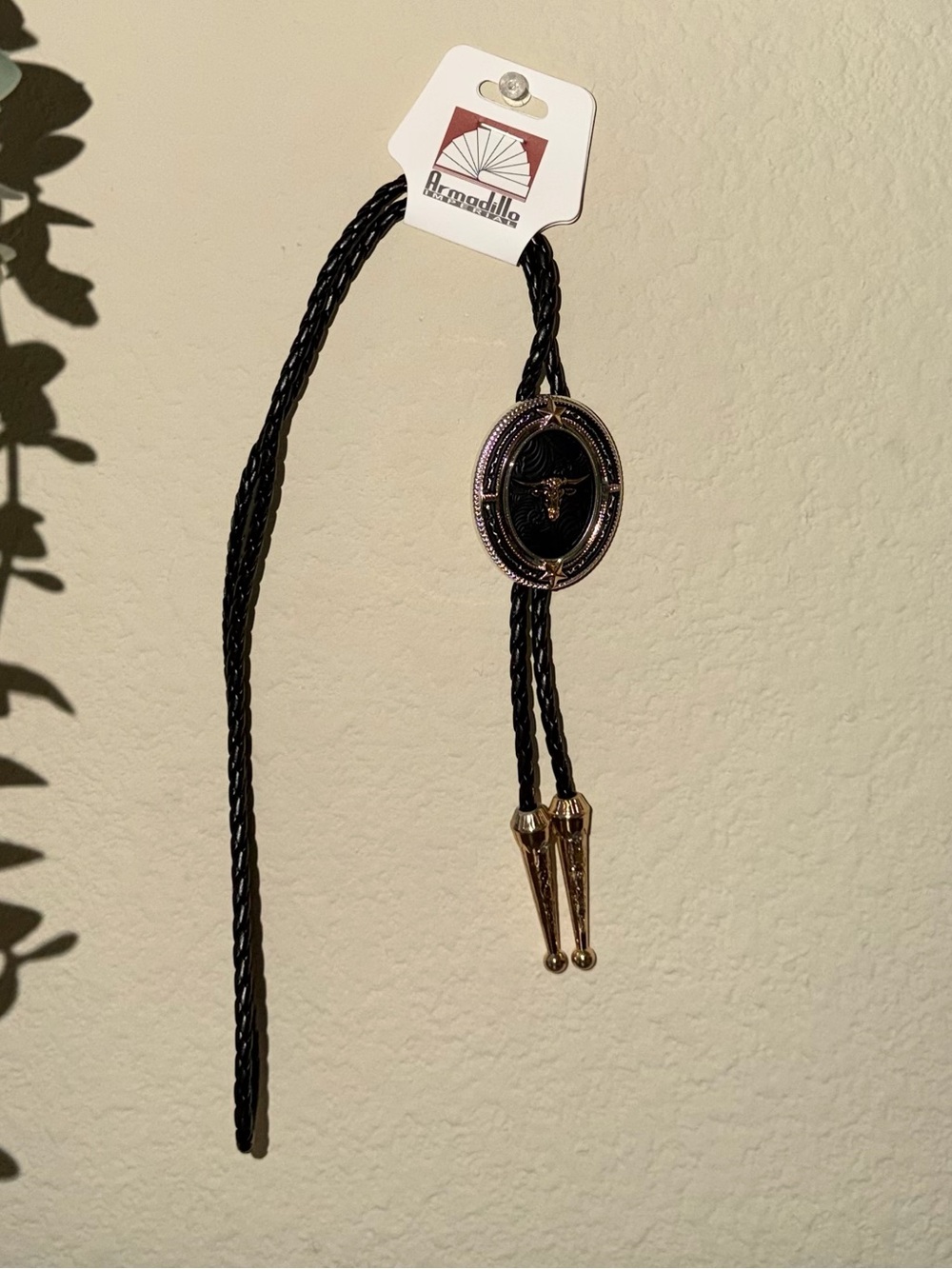 Armadillo Black Braided Bolo Tie with Gold Accents